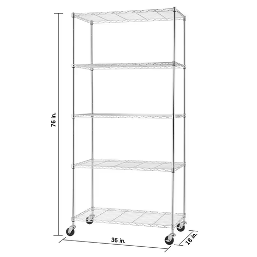 Free Standing Rolling Shelf Unit 5 Shelves Steel Wire Rack Chrome Garage Kitchen - Picture 3 of 4