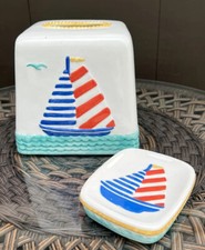 Sailboat Ceramic Tissue Box Cover Soap Dish Set Certified International Co CIC