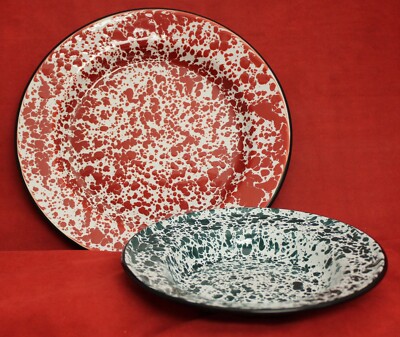 Vintage CGS Speckled Enamel Enamelware Red Dinner Plate Green Shallow  Bowl