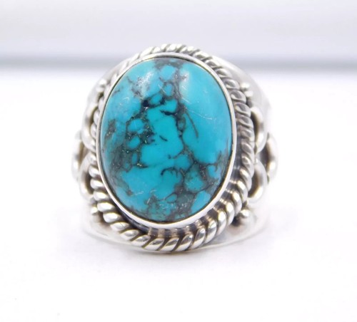7.8 GM 925 Argento Sterling Naturale Tibetano Turchese Cab Pietra Anello Misura - Foto 6 di 6