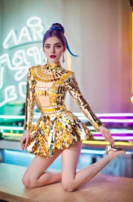 Cleopatra Sequins Bodysuit Gold Disco Leotard Skirt Futuristic Festival  Outfit | eBay