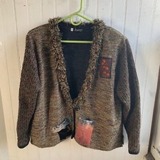 Lee Anderson Art To Wear Single Button Cardigan Blazer Fuzzy Collar Art Patch 3