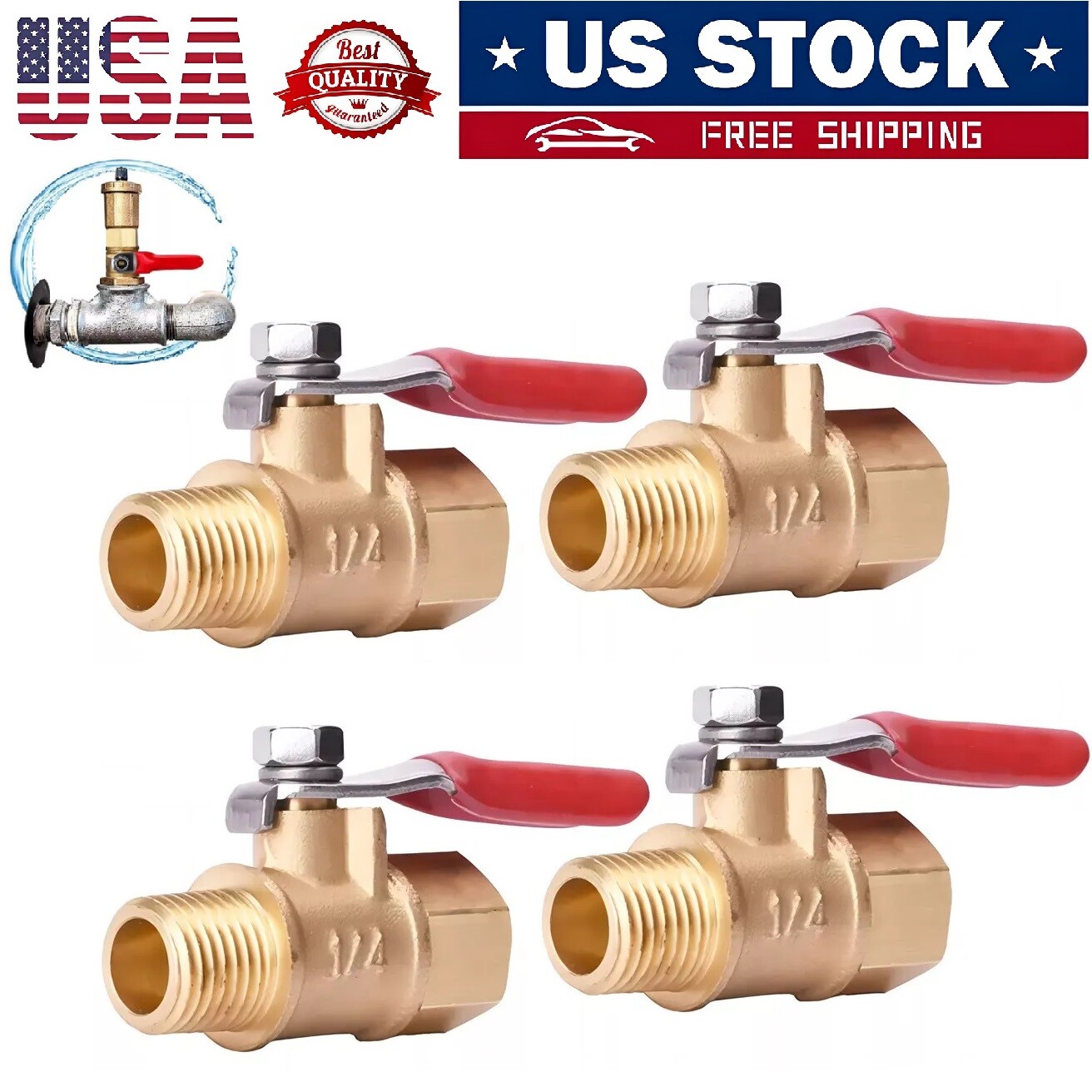 4 Pack 1/4" Male Female NPT Brass Ball Valve Water Air Tank Drain Shut Off