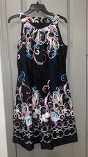 Nine West Black Sleeveless A-Line Dress, Colorful Print, Pleats, Pockets, 12