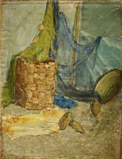 Ukrainian Soviet Oil Painting Still-life realism fish netting basket