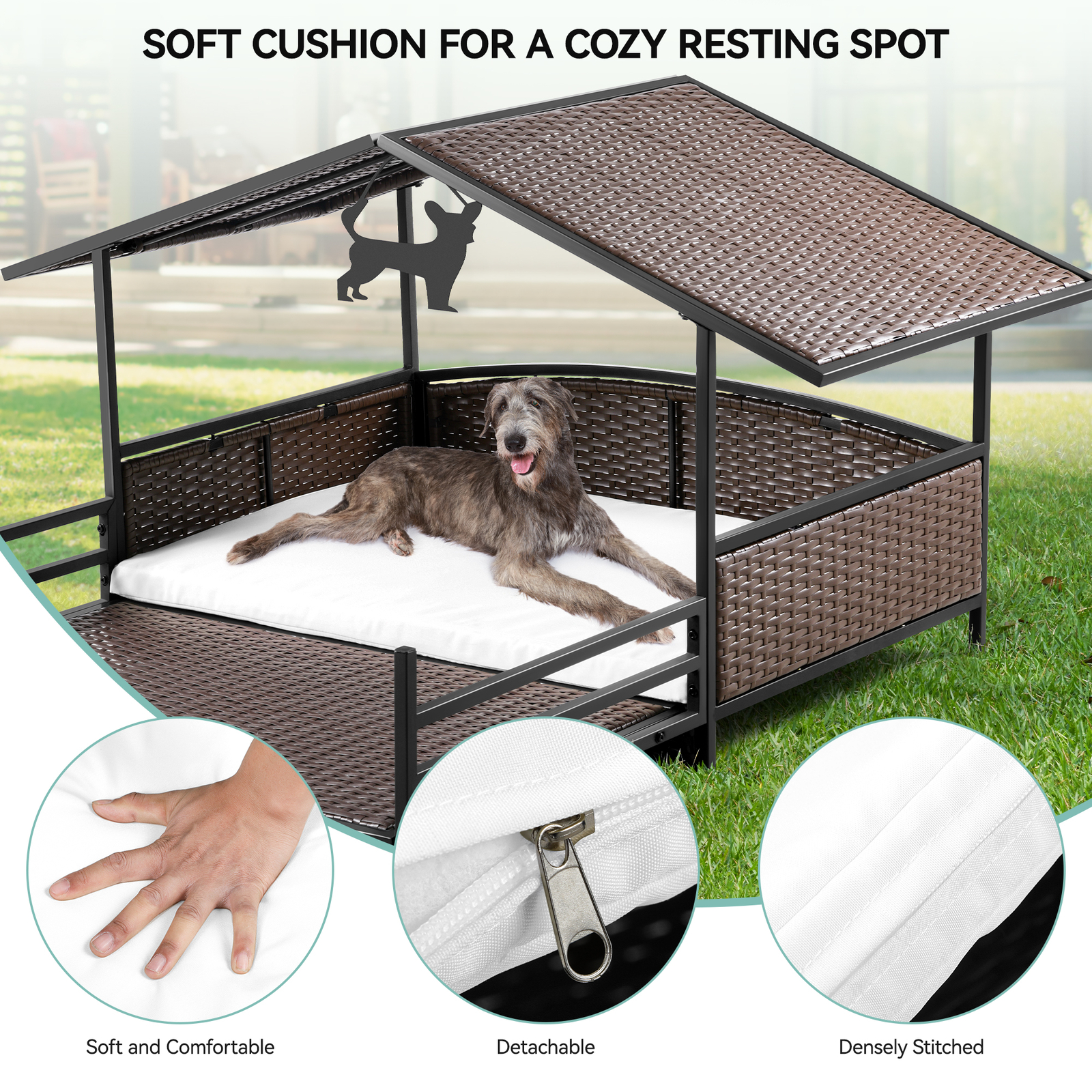 32.9 in Large Wicker Dog House Outdoor Rattan Doghouse Elevated Raised