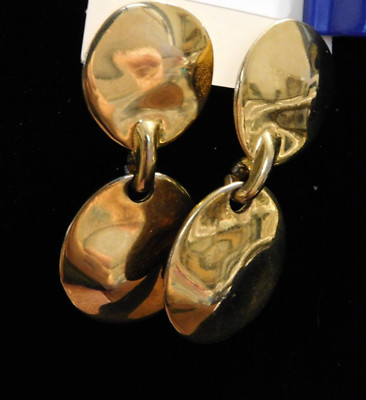 Maxine Denkler Pair of Post Earrings .75'' x 1.75'' Gold-Tone ~ Oval Discs - #14