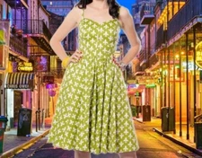 Pinup Couture OliveGreen And White Fleur De Lis Audrey Dress Sz XS Fit And Flare