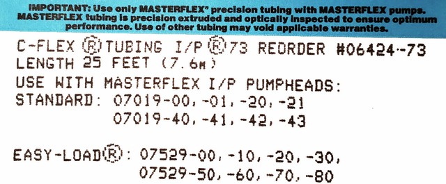 Tubes De Pompe De Précision Masterflex C-Flex I/P 73 - Longueur 25 Pieds, Diamètre Intérieur 3/8 Pouce - Pour Laboratoire Biologique