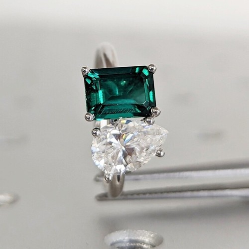 Green Emerald & Pear Moissanite Toi Et Moi Engagement Ring 14K White Gold Plated - Picture 3 of 10