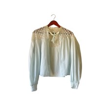Vintage Blue embroidered Nylon Tricot Bed Jacket Lace Floral Ribbon Tie Medium