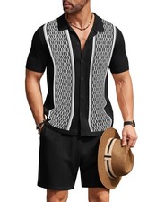 Men's Button Down Polo Sets 2 Piece Knit Short Sleeve Shirt Casual Beach Top ...