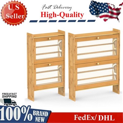 2-Tier Shoe Cabinet w/ 2 Flip Drawers Slim Bamboo Shoe Rack Freestanding Narrow
