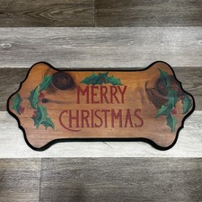 Vtg Handmade Wood Sign Merry Christmas Holly 23  x11  Hanging Red Green VGC