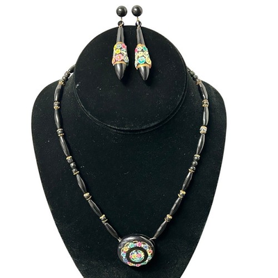 #ad #ad Vintage Floral Micro Mosaic Jewelry Set Earrings and Beaded Necklace w Pendant $75.00