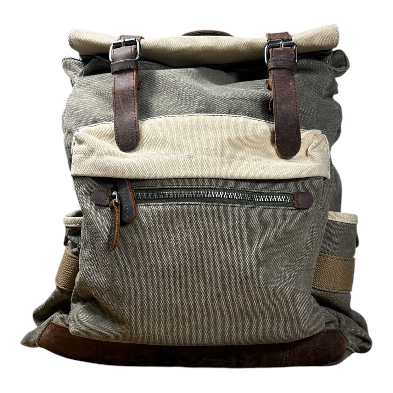 Suvom Canvas Leather Trim Rolltop Backpack Olive Khaki Two-Tone EUC