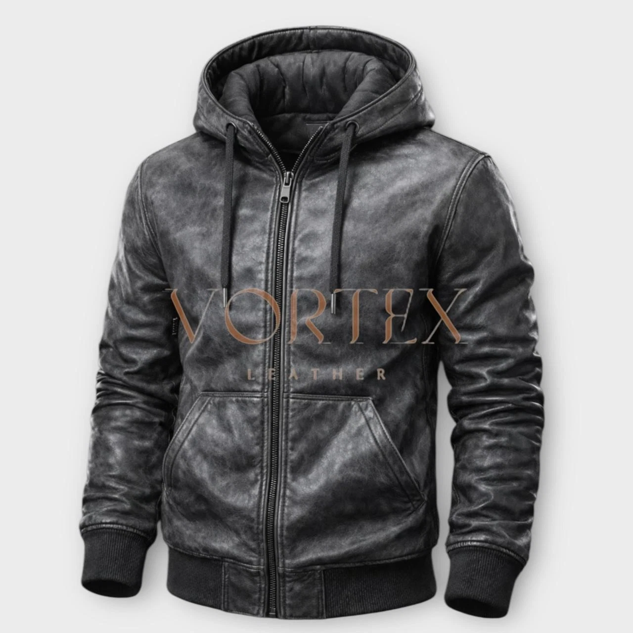 Men's Gray Tone Front Zipper Style Genuine Soft Lambskin Leather Causal Hoodie