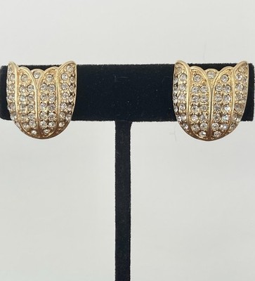 Vintage 80s Monet gold tone rhinestone pave tulip clip on statement earrings
