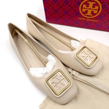 Tory Burch Georgia Ballet Flats Brie Cream Leather Square Toe Logo Sz 7.5
