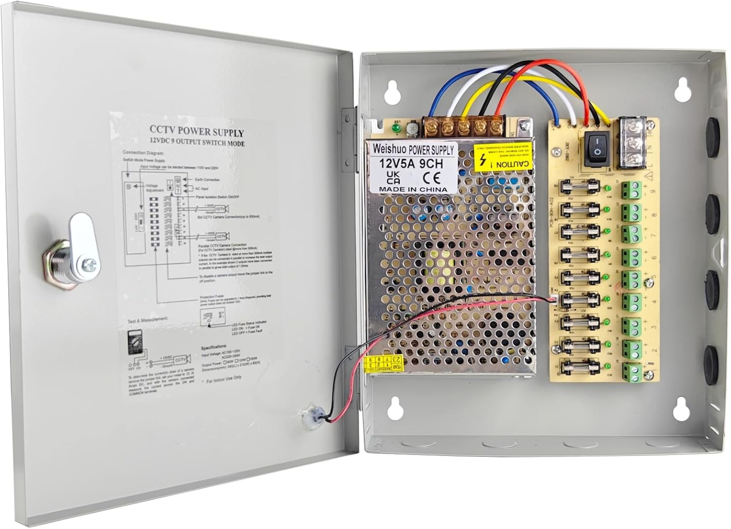 DC CCTV Power Supply Box 9 Channel - 5A 60W 12V Distribution Box for CCTV Camer
