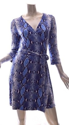 Diane Von Furstenberg DVF Silk Snake Wrap Dress 3/4 Sleeve Blue/White Sz 10 EUC