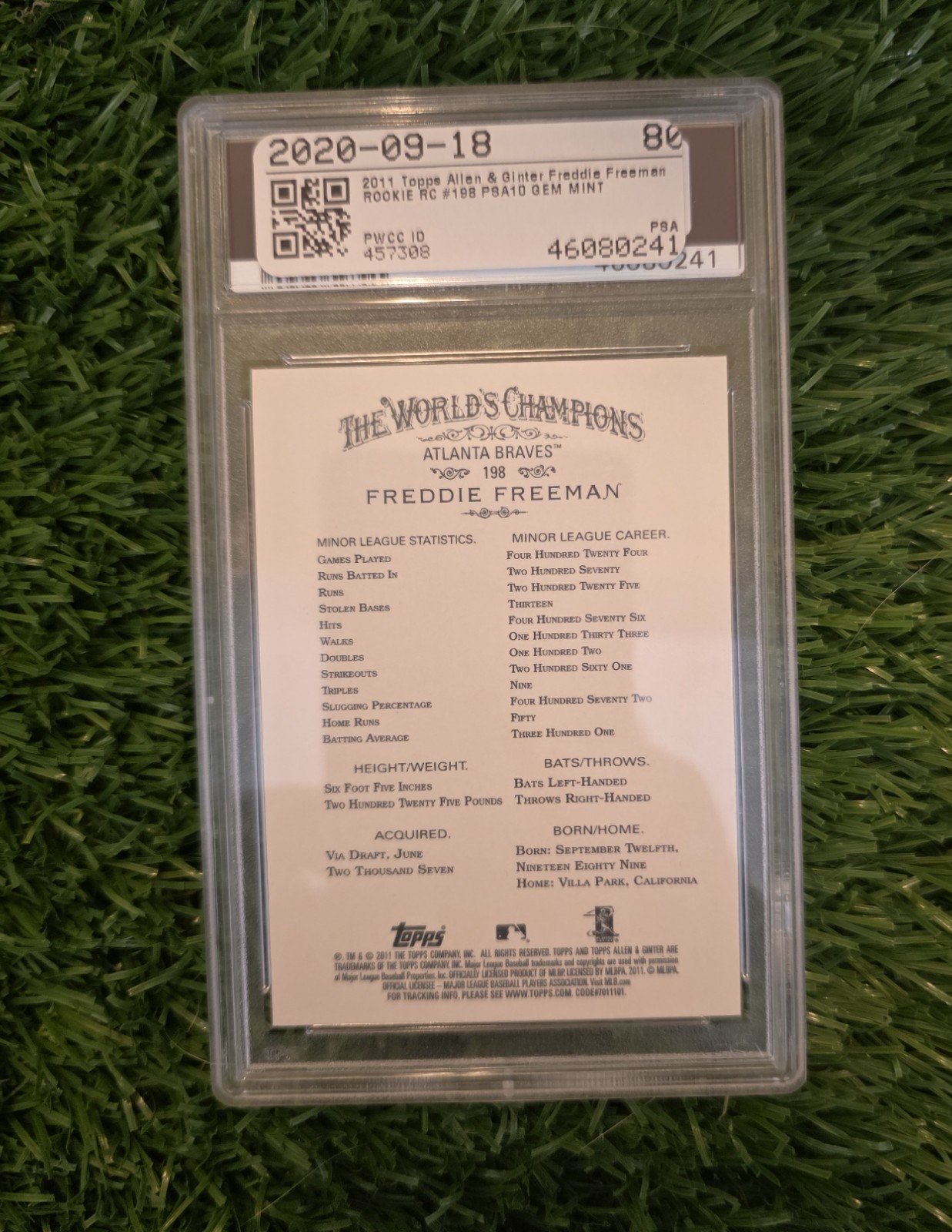 2011 Freddie Freeman A&G PSA 10 view 2