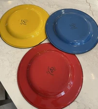 Vintage Huta Silesia Polish Enamel Dinner Plates Set Of 3 Blue Yellow Red