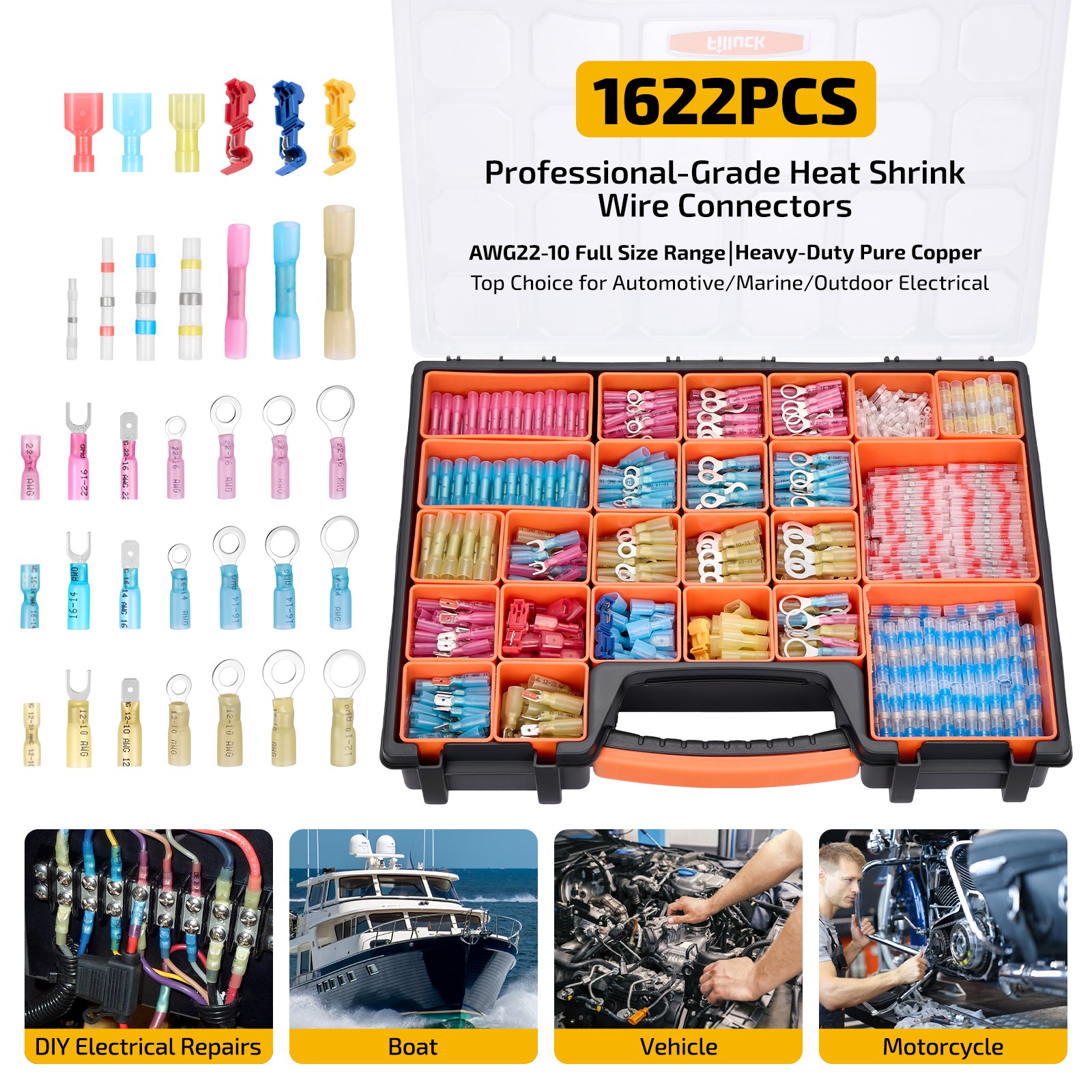 1622Pcs Assorted Electrical Heat Shrink Terminals For Boat Car DIY Repair