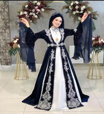 Luxury Saudi Abaya Moroccan Wedding Dress Navy Flare Long Sleeve Lace Muslim
