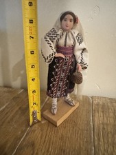 Romanian Folk Costume Doll Woman With Basket Wooden Base 8.5&rdquo; Souvenir