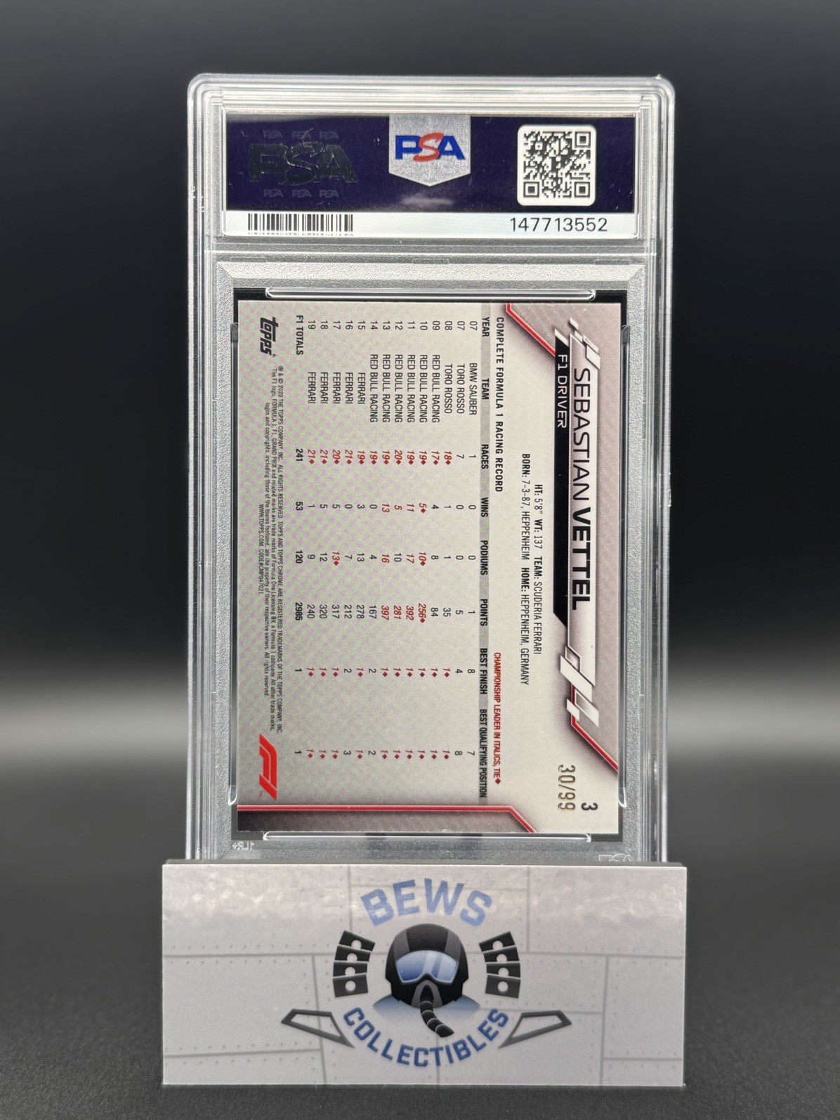 2020 Topps Chrome Sapphire F1 Sebastian Vettel Aqua Portrait #3 PSA 8 view 2