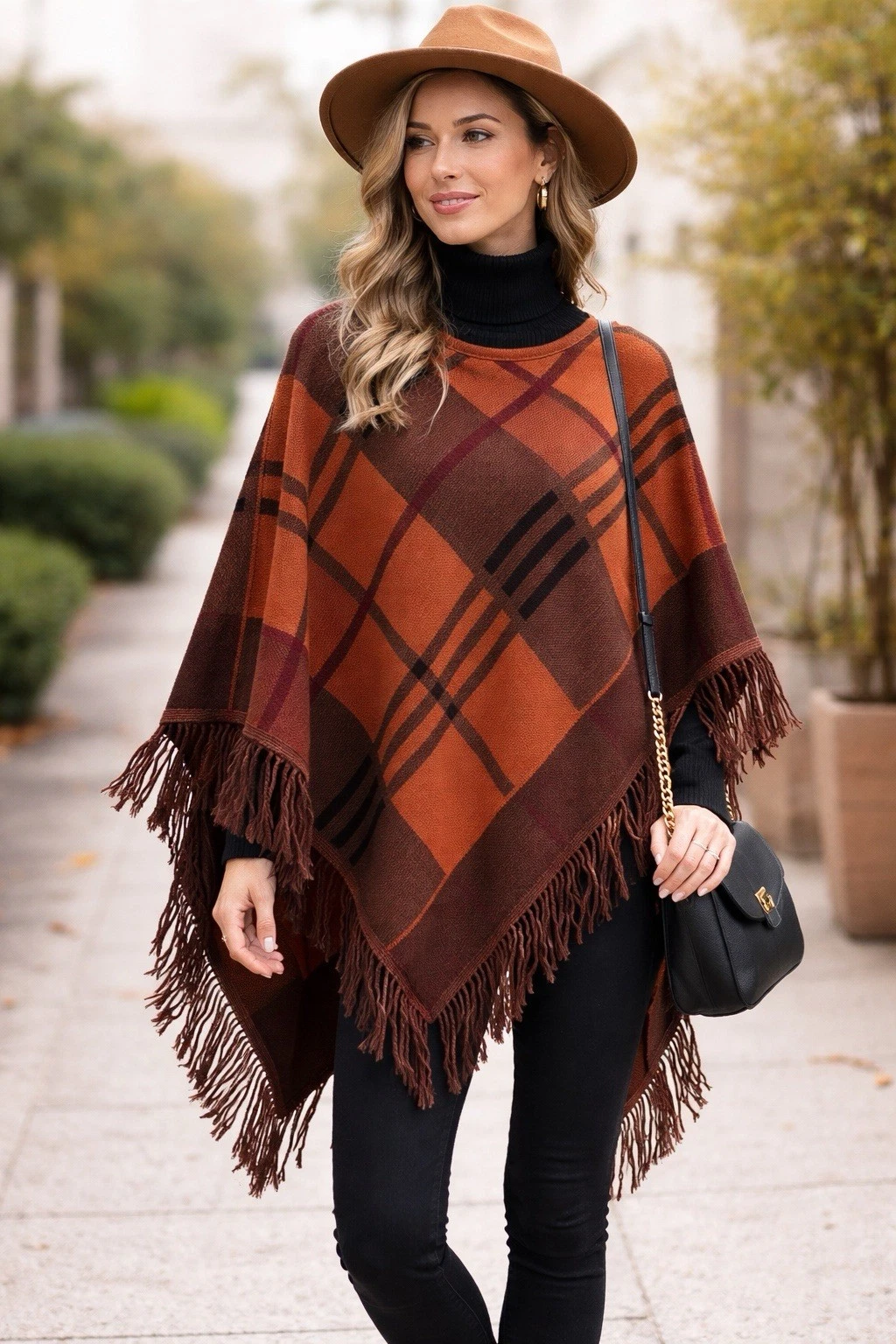 Made in Italy Plaid Knit Fringe Poncho Wrap Rust Orange Brown Brown Black 3383