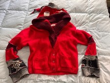 Rough Green Edges Red Upcycled Whimsical Cardigan Sweater  M/L see measurement