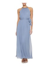DKNY Womens Blue Tie Belt Sleeveless Halter Full-Length Formal Gown Dress 2