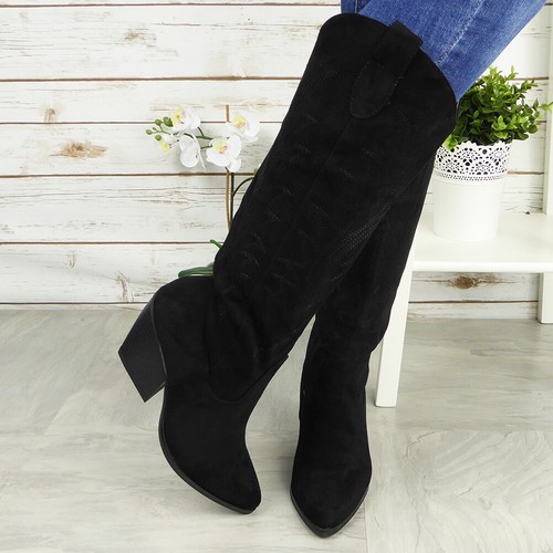 Ladies Cowboy Wide Boots Mid Calf Shoes Zip Pointed Warm Comfy Womens Shoe Sizes - Picture 3 of 25