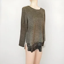 BELLE FRANCE Size M Sage, Silver Sequin Hem Knit Sweater, Made In Italy