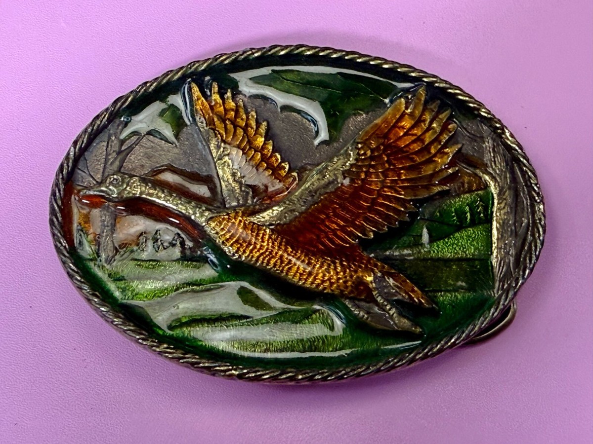 Boucle De Ceinture Vintage Great American Buckle Co. 1980 - Canard En Vol, Laiton Massif