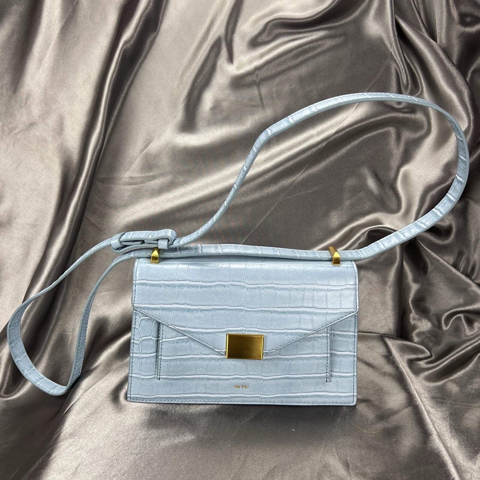 JW PEI Lilian Envelope Croc Crossbody Bag - Vegan Leather Shoulder Purse in Ice Blue | Stylish, Sustainable, and Perfect for Everyday Elegance