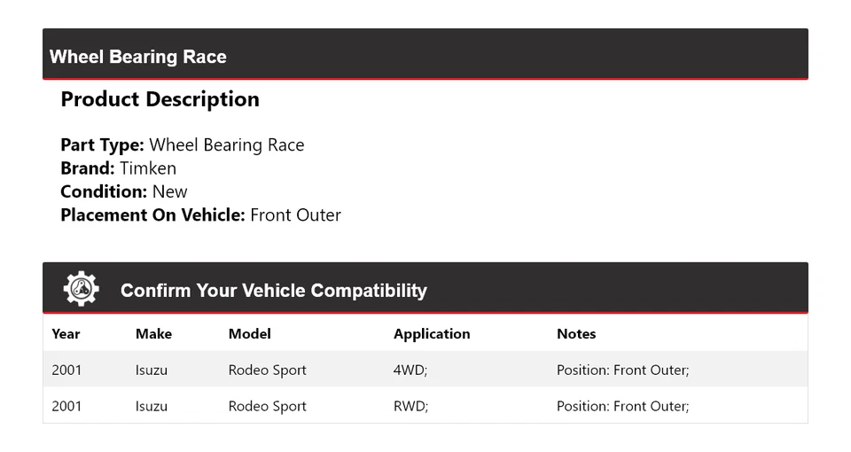 Подшипник колеса гоночный передний внешний Timken для 2001 Isuzu Rodeo Sport - Изображение 2 из 4