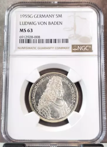 1955 GERMANY SILVER 5 MARK LUDWIG VON BADEN NGC MS 63 EXTREMELY RARE