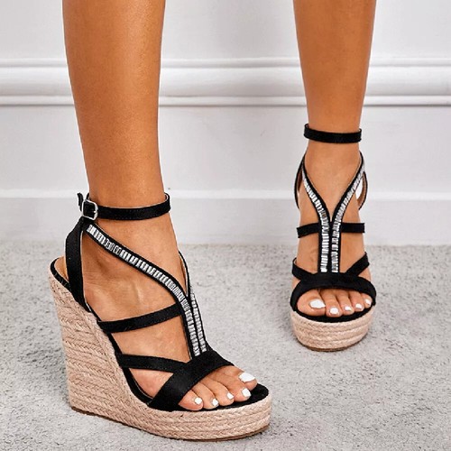 Shoetopia Sandali Donna Con Zeppa E Tacco 5 Cm, Fascia Con Cristalli, Comodi