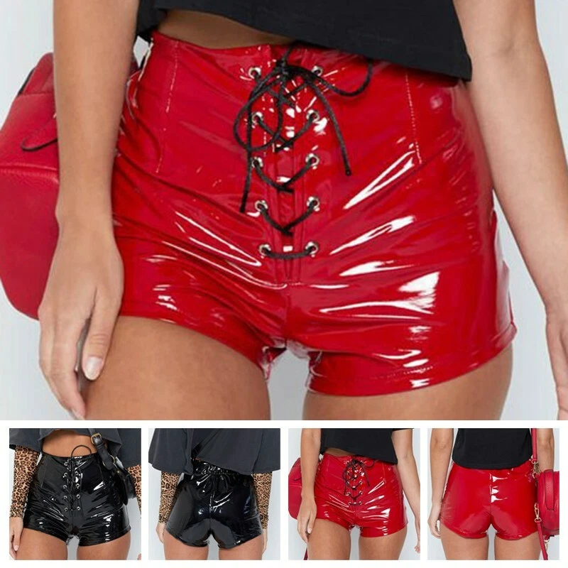 Women High Waist Lace Up Casual Hot Pants Wet Look PVC Shorts Dance Clubwear New