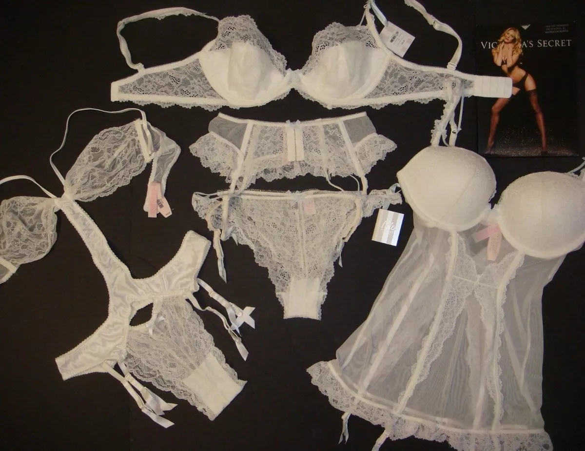 NWT Victoria's Secret 36D BRA SET+GARTER SLIP/corset+L TEDDY IVORY white  BRIDAL