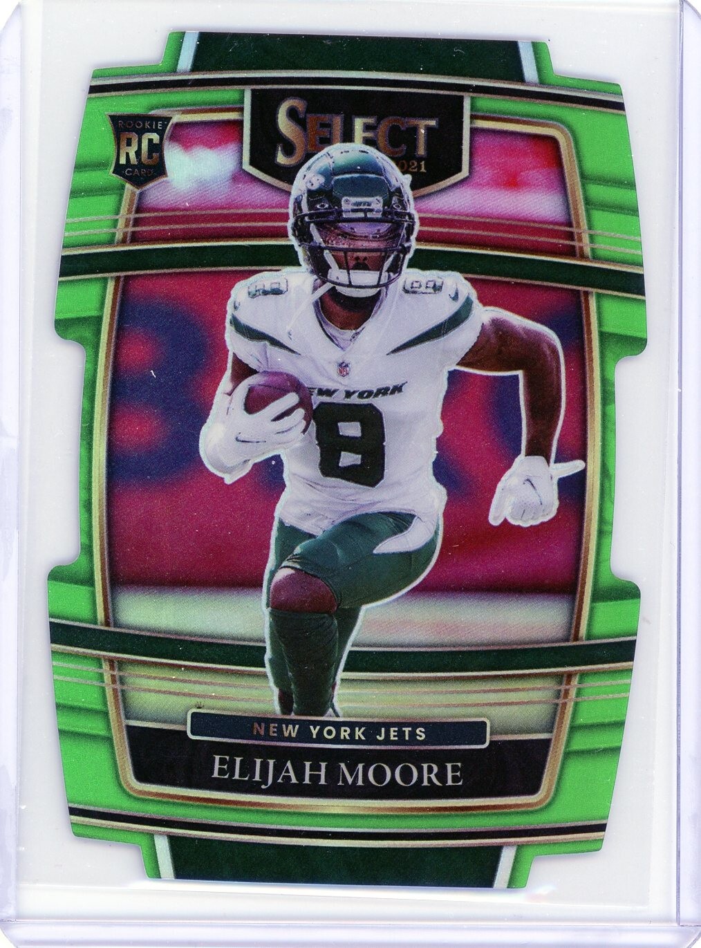 2021 Panini Select Elijah Moore Neon Green Die-cut Prizm Concourse RC /349 Jets
