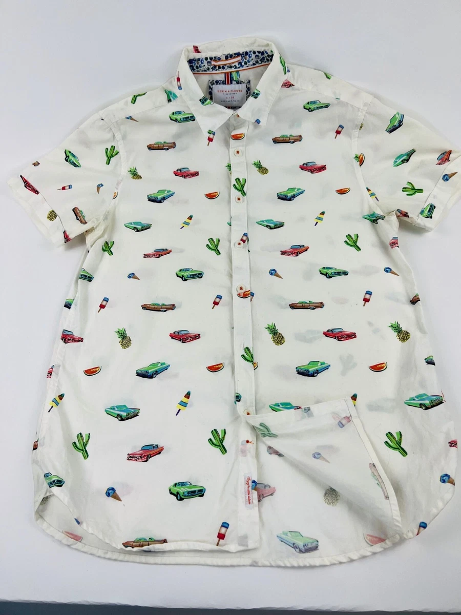 Denim Flower Men s Shirt w Cars Cactus Pineapples Popsicles Small Slim