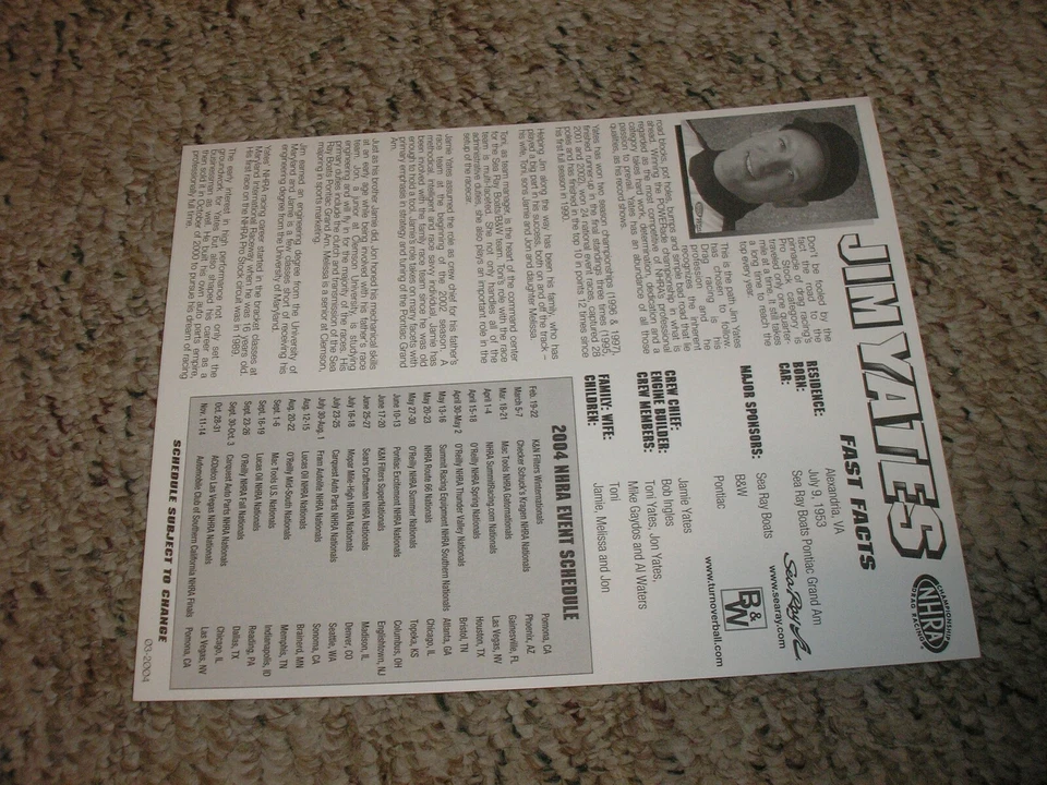 NHRA 2004 Jim Yates Sea Ray Pontiac Pro Stock arrastre pista de carreras folleto envío gratuito SH Foto 2 de 2