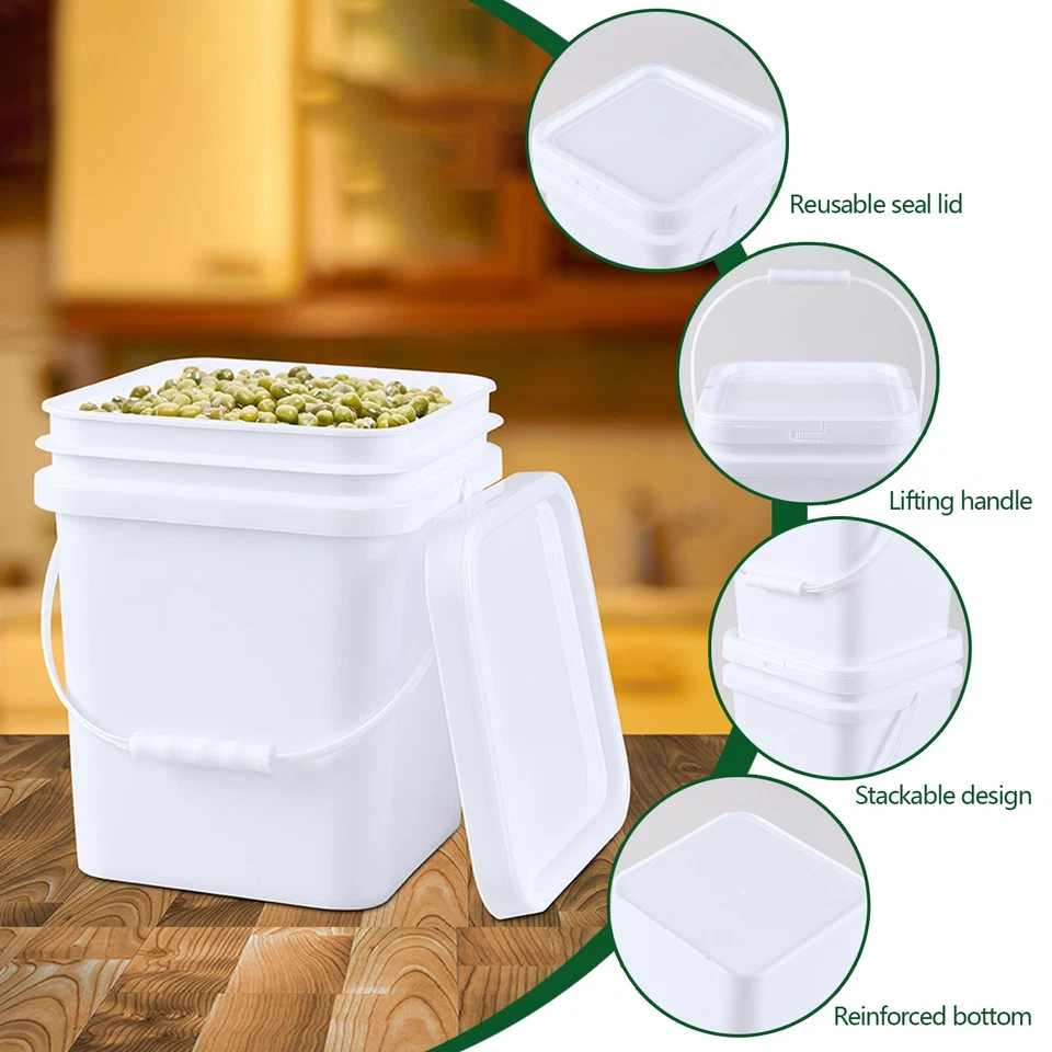 4-Pack 5 Gal Plastic Bucket Pail Food Grade w/ Handle & Lid for Storing Dry Food - Image 2 of 4