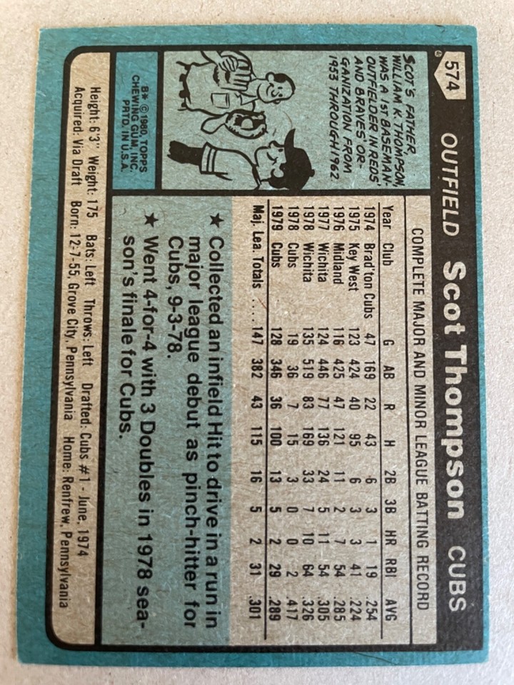 1980 Topps Baseball Card 574 Scot Thompson Chicago Cubs NM eBay