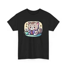 Adult T Shirt Kawaii Cartoon Sticker Cat Book Tea Coffee College Student Study