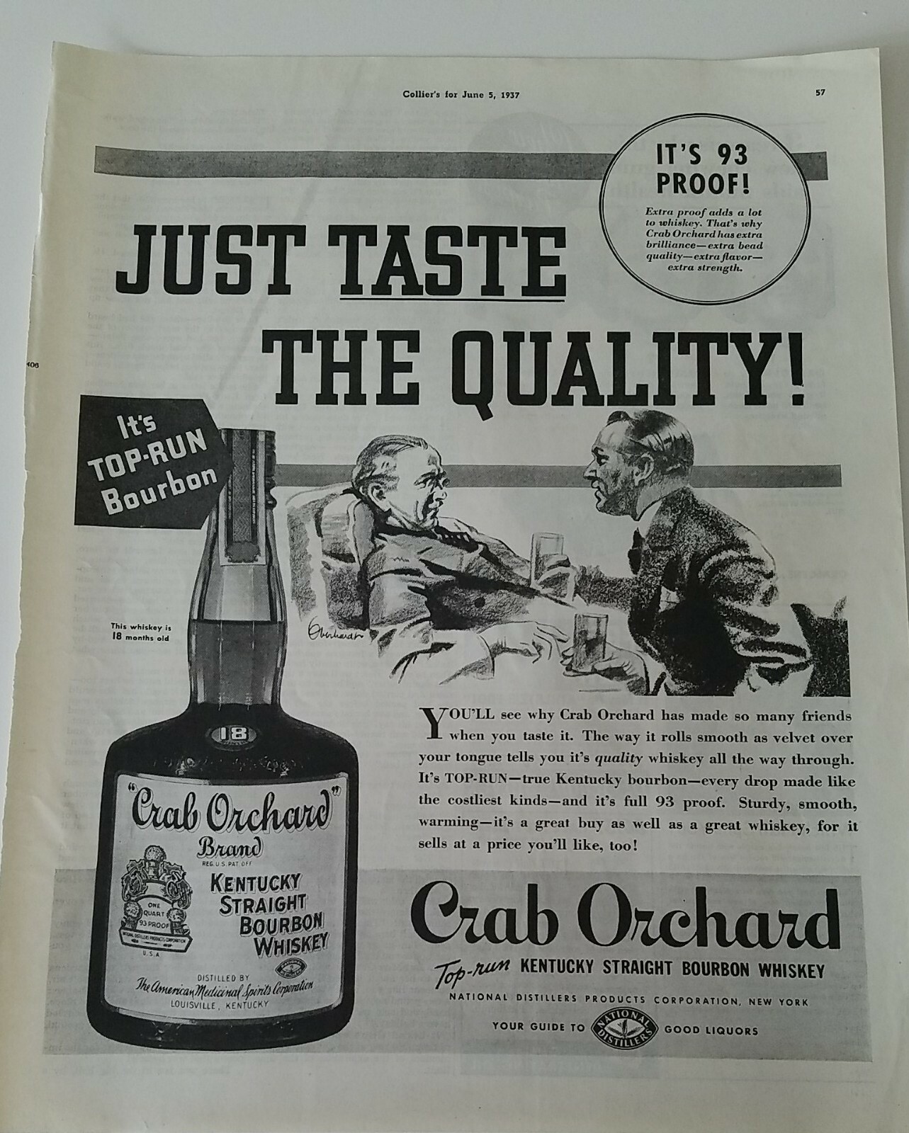 1937 Crab Orchard Kentucky Straight Bourbon whiskey bottle vintage ad